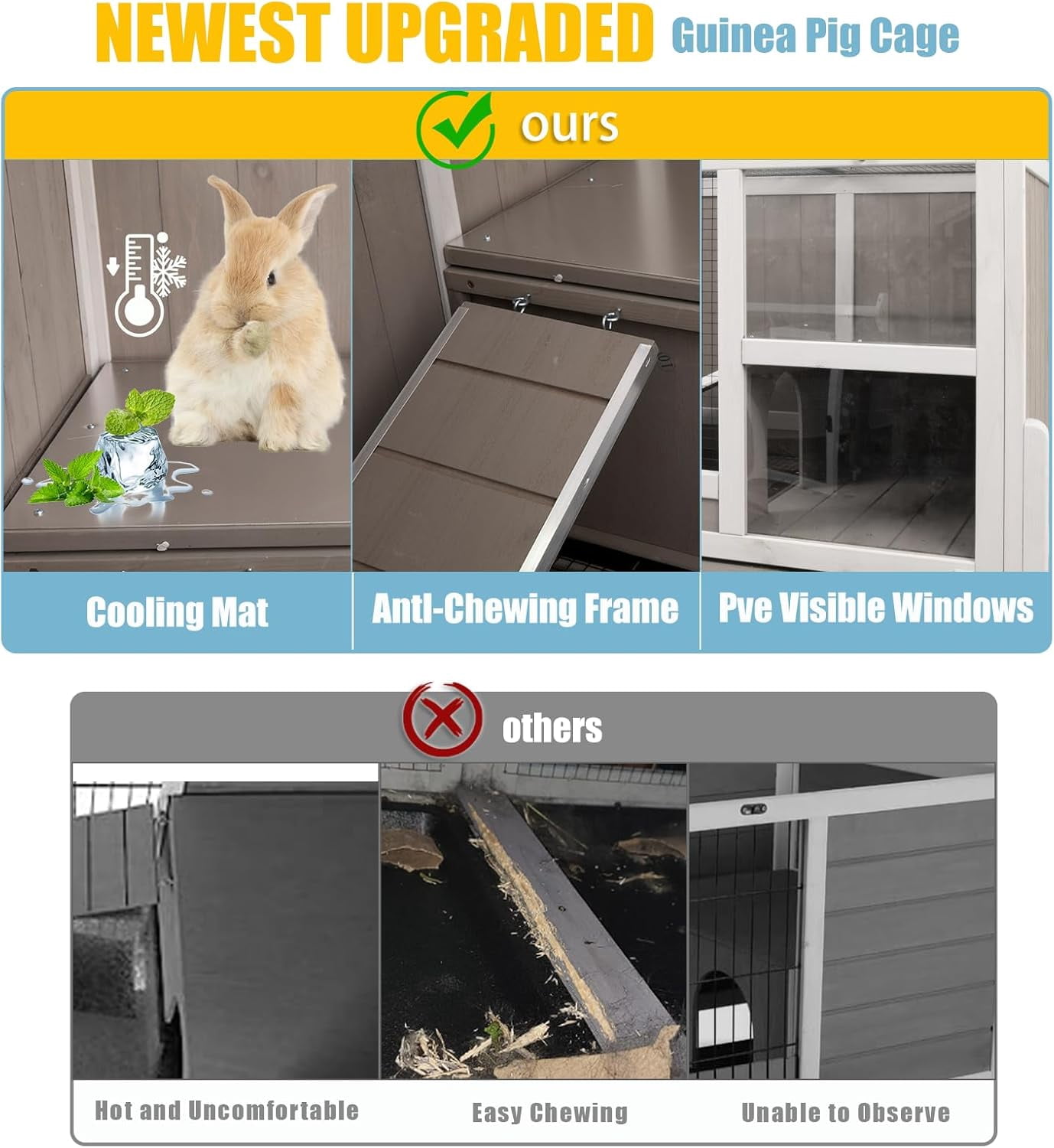 LEHOME Guinea Pig Cages Indoor, Wooden Guinea Pig Cages with Stand, Rabbit Cage Hutch with Ramp and Hideout, Small Animals Cage Habitat with Not Leakage Pull Out Tray