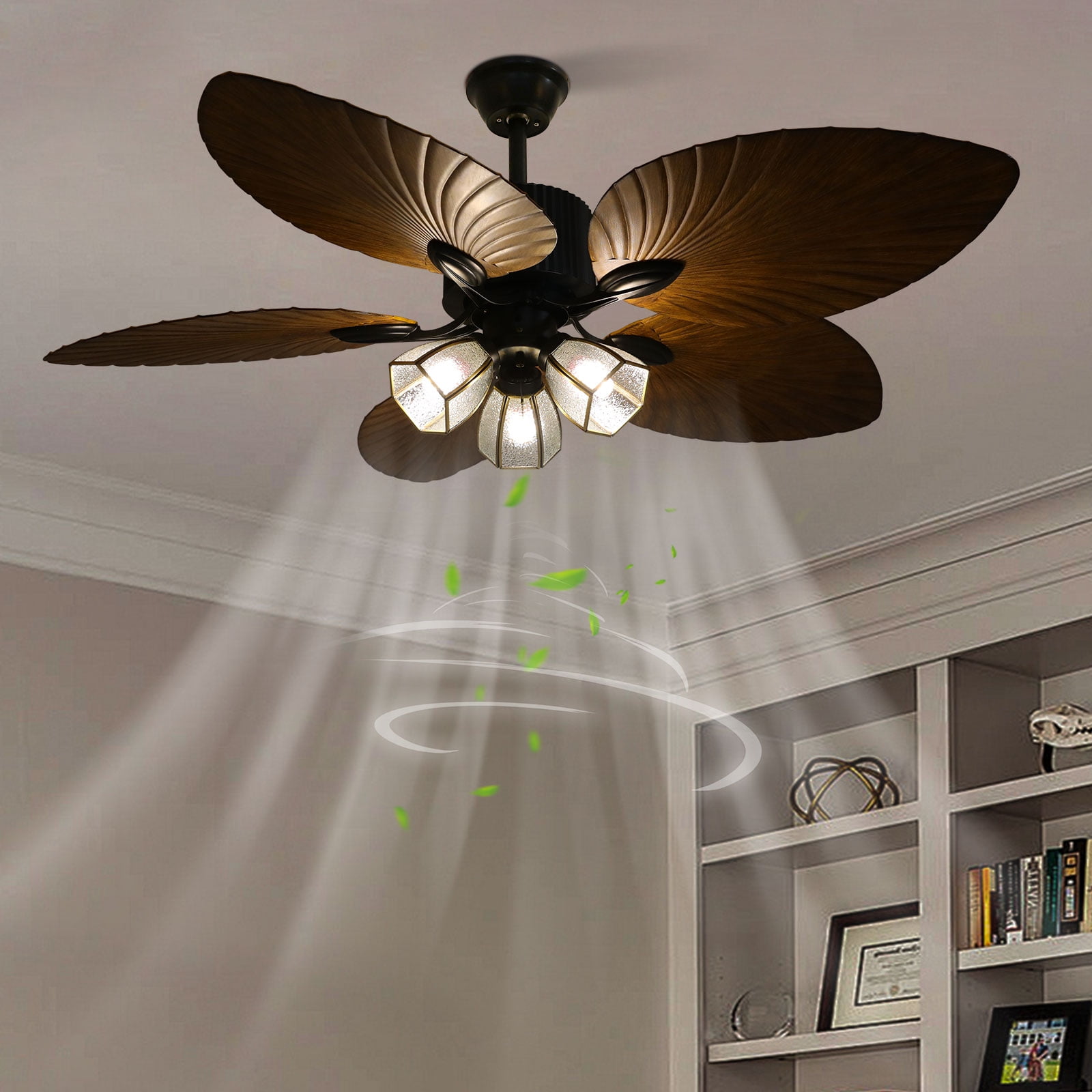 Black ABS 52-Inch Fan Chandelier Remote Control Positive And Negative Three-Burner Black Leaf Fan Ceiling Lamp