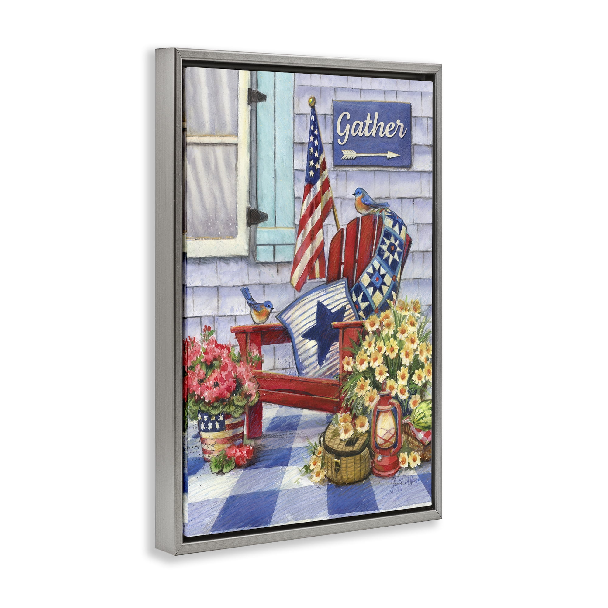 Stupell Industries Patriotic Porch View Patriotic Painting Gray Floater Framed Canvas Art Print Wall Art, 21 x 31