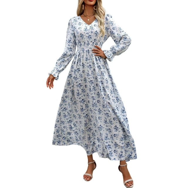 Robe Maxi Évasée à Imprimé Floral pour Femme, Col en V, Manches Longues, Décontractée, Portefeuille, Automne, Plage, Évasée, Blanche, TG