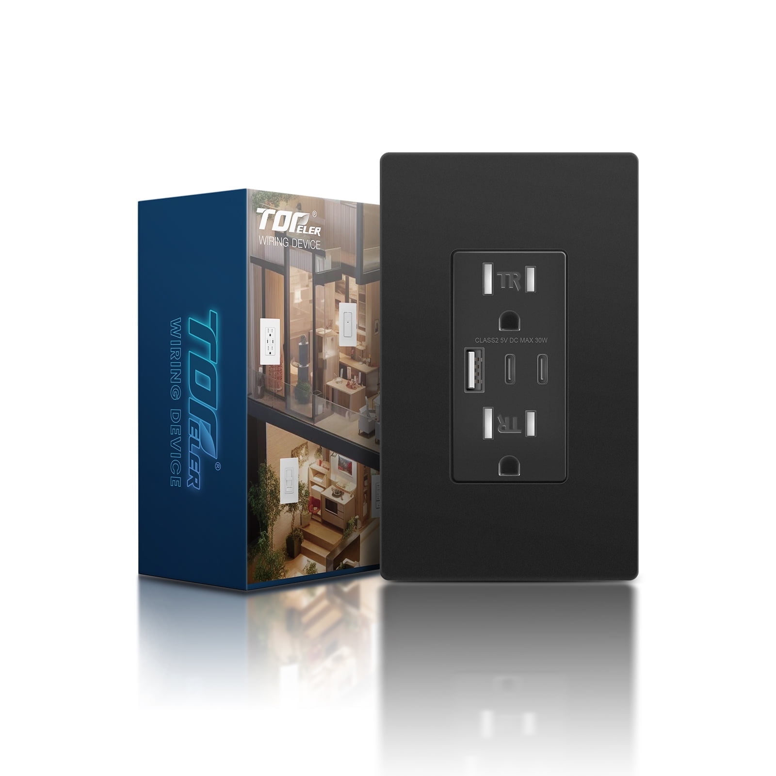 TOPELER Black USB C Outlet, 30W 3-Port 15A TR Receptacle with USB Ports, Screwless Plate, ETL FCC Listed