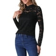 thumbnail image 4 of INSPIRE CHIC Semi Sheer Lace Blouse for Women's Long Sleeve Round Neck Work Casual Vintage Top XS Black, 4 of 6