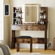 thumbnail image 1 of Vanity escritorio con lighted mirror: makeup vanity set featuring power outlet, cushioned stool, 6 almacenamiento estantes, 2 grande cajones, y 3 - color light con adjustable brightness (brown), 1 of 7