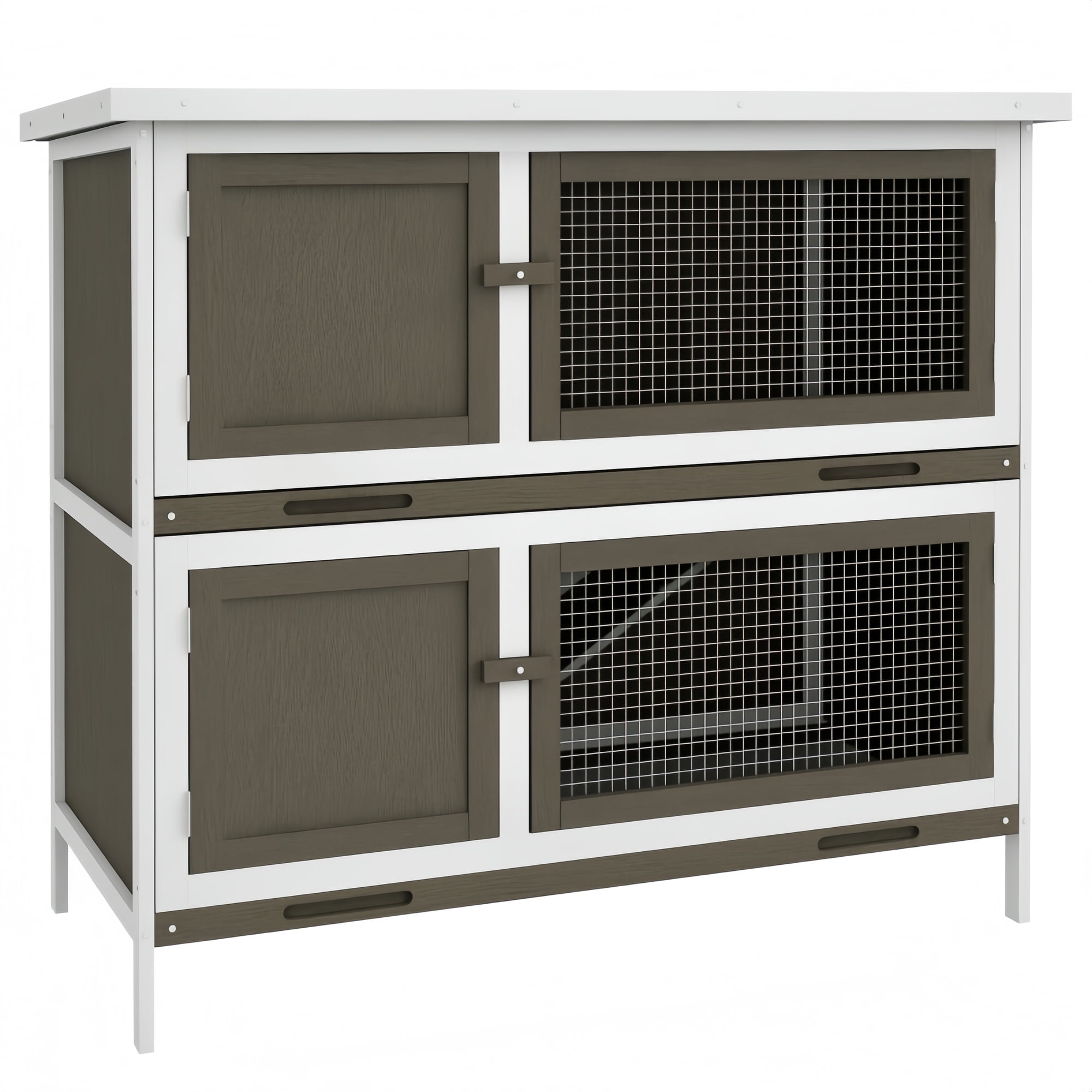 Wooden Bunny Hutch with Ramp – Indoor/Outdoor Rabbit Cage with 2 Main Houses & Asphalt Roof, Brown