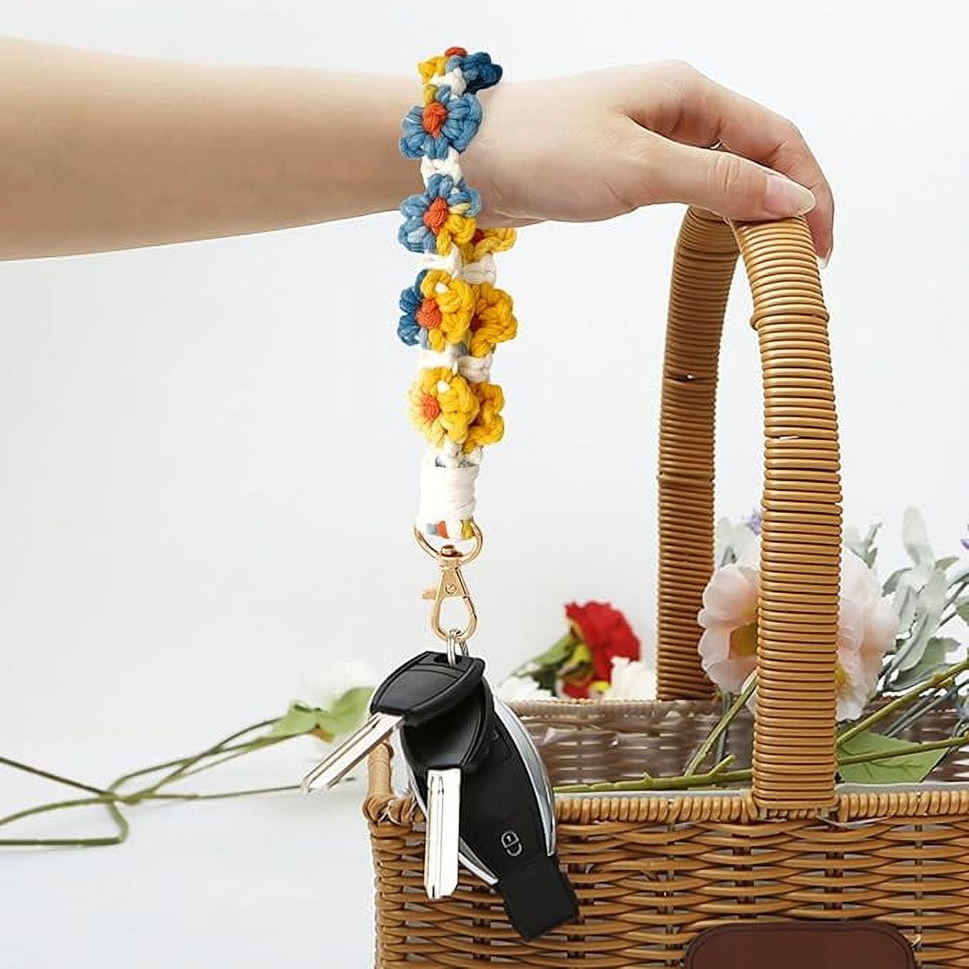 Boho Macrame Keychain Wristlet - Daisy Weave Handmade Keyring Holder Bracelet For Women (Multi, Average)