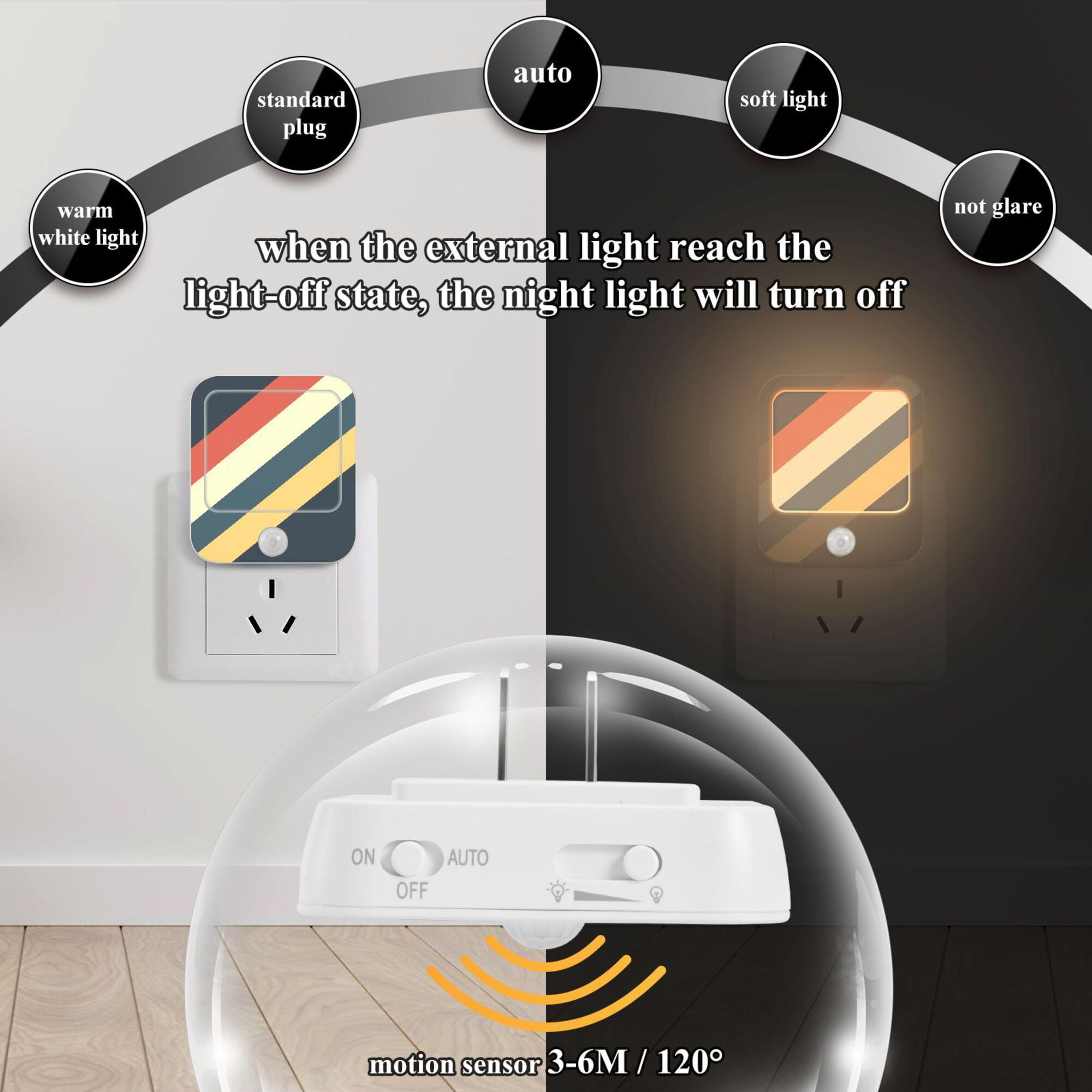 Yayeee LED Night Lights with Motion Detectors Auto Dusk to Dawn Light Sensors, 2 Pack, Beige Stripes