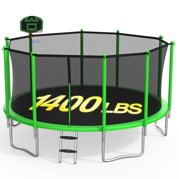 XMIKA Trampolines 14FT 15FT 16FT, Trampolines for 4-6 Kids/1-2 Adults, 1400LBS Outdoor Trampolines with Enclosure Net, Basketball Hoop, Ladder, Heavy Duty Recreational Trampoline, Fast Assembly