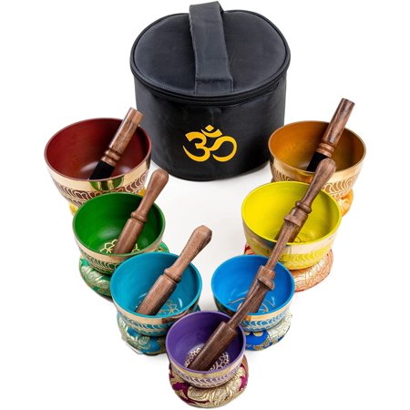 Tibetan Singing Bowls Set Of 7 Color for Meditation Mindfulness with Carry Box by Himalayan Bazaar