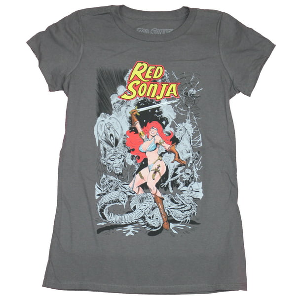 Red Sonja Girls T-Shirt - In Color Hero Surrounded By 2-Tone Enemies  (2X-Large)