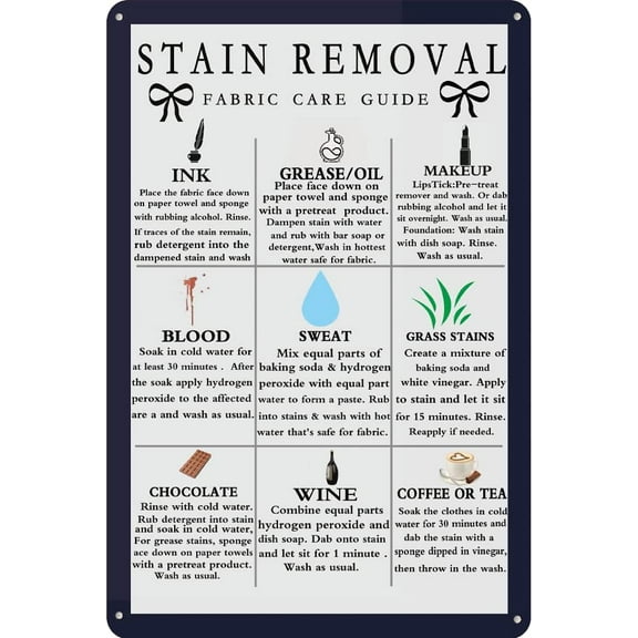 Funny Laundry Stain Removal Fabric Care Guide Metal Tin Sign Wall Decor Laundry Sign for Home Laundry Room Decor Gifts 8 x 12 inch
