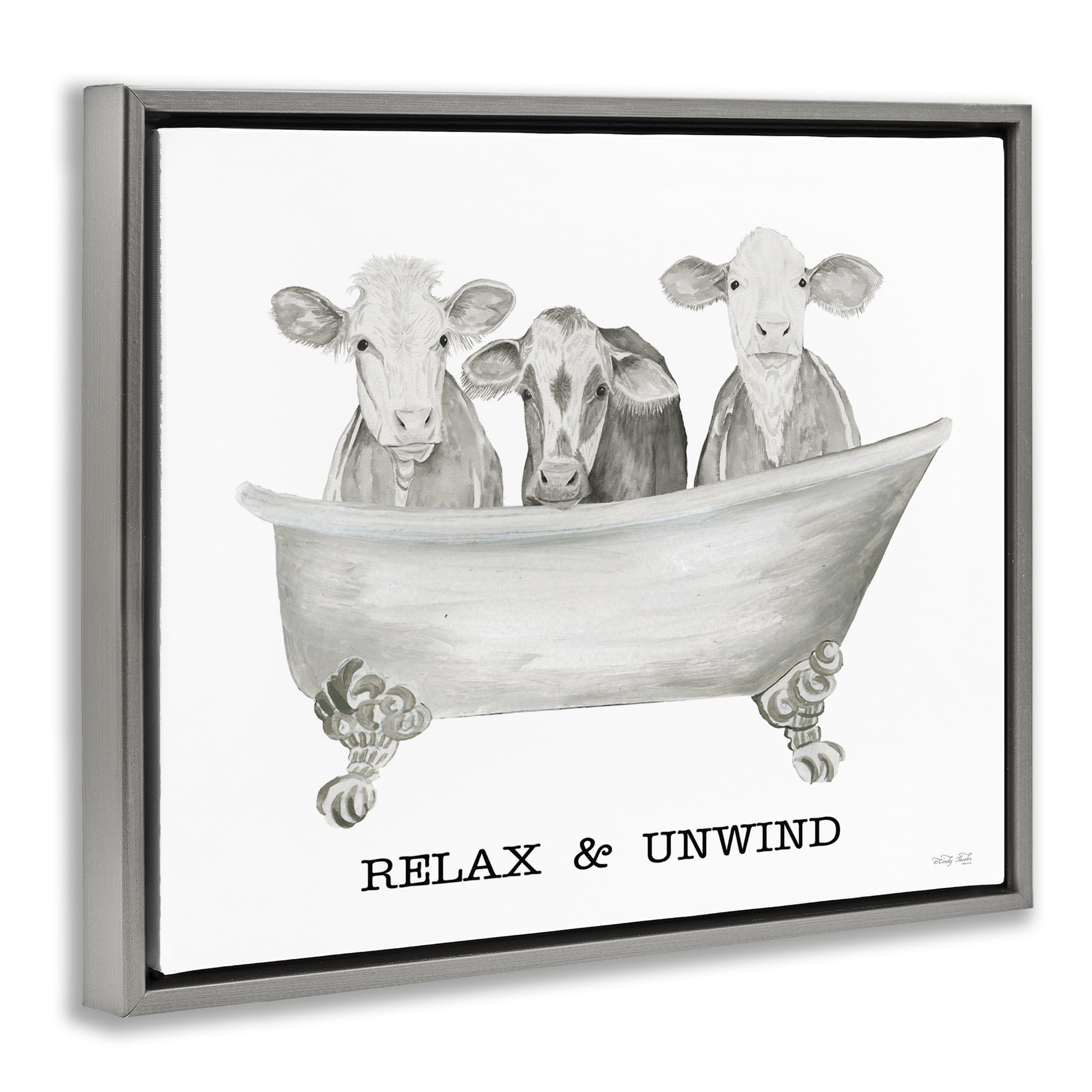 Stupell Industries Relax Unwind Cow Tub Bath & Laundry Painting Gray Floater Framed Canvas Art Print Wall Art, 21 x 17