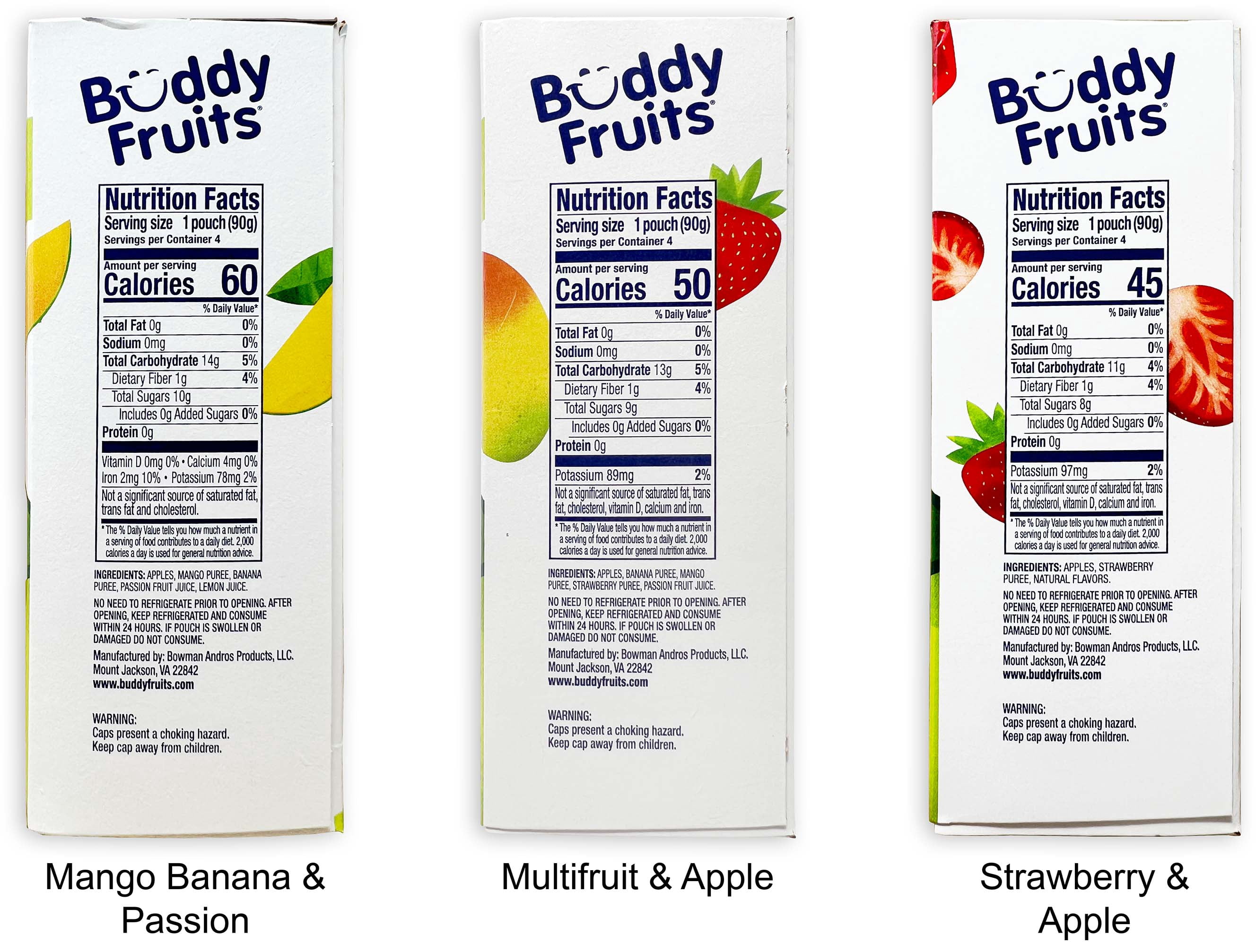 Buddy Fruits Blended Fruit Pouches - 3 Flavors - 1  Each: Mango Banana, Strawberry Apple, Multifruit and Apple (12.8 oz) + MerlinsMart Zine