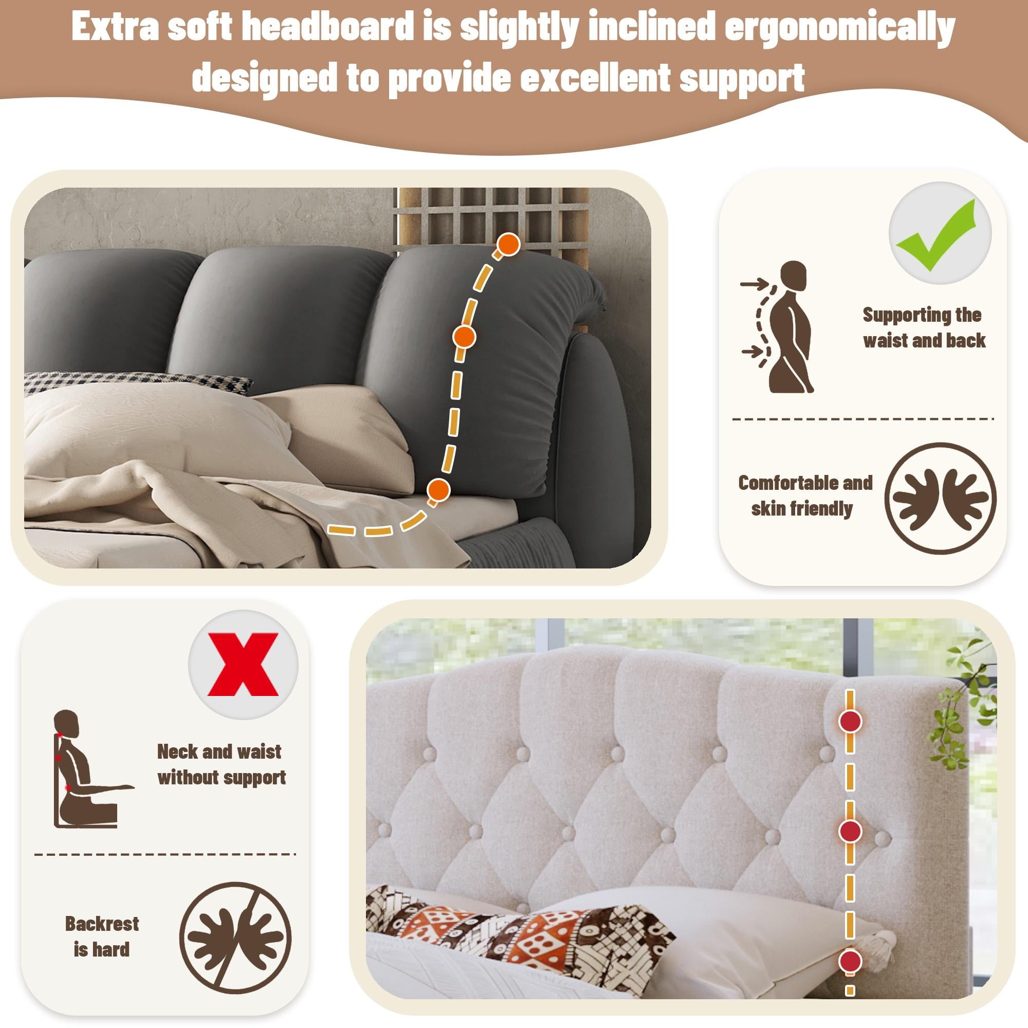 PORKISS Queen Upholstered Bed Frame with Super Soft Thick Headboard, Oversized Padded Backrest, Gray