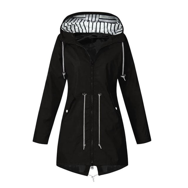 Htigea Veste à Capuche Imperméable pour Femmes Mode Taille à Cordon Imperméable Coupe-Vent Poches Vestes Randonnée Voyage Noir L