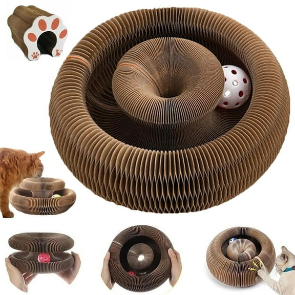 Twisty Paws Cat Toy, Funny Accordion-Style Foldable Twistypaws Interactive Cats Scratching Cardboard, Cats Scratcher Scratch Board Round Corrugated Scratching Post Toys with Bell for Indoor