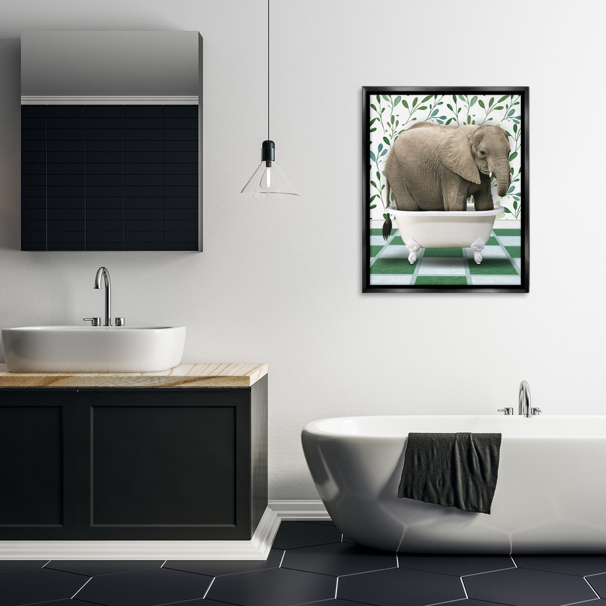 Stupell Industries Bathing Elephant on Green Bath & Laundry Painting Black Floater Framed Canvas Art Print Wall Art, 25 x 31