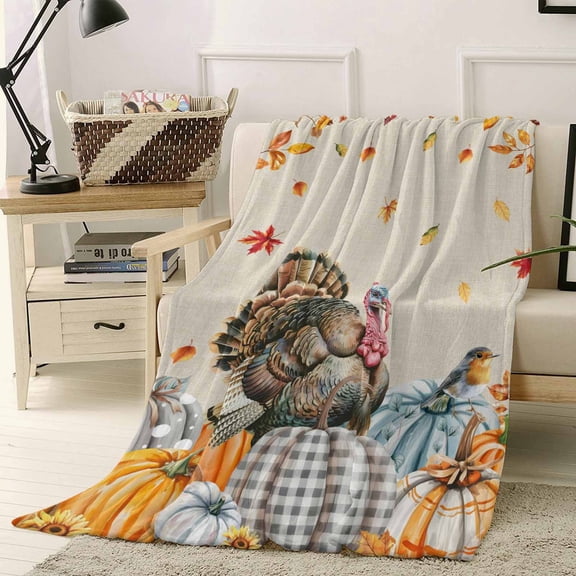 Thanksgiving Turkey Throw Flannel Blanket 30x40In Fall Pumpkins Leaves Bird Linen Texture Super Soft Cozy Bed Blanket, Lightweight Plush Fuzzy Bed Throw for Bedroom Sofa Couch Living Room