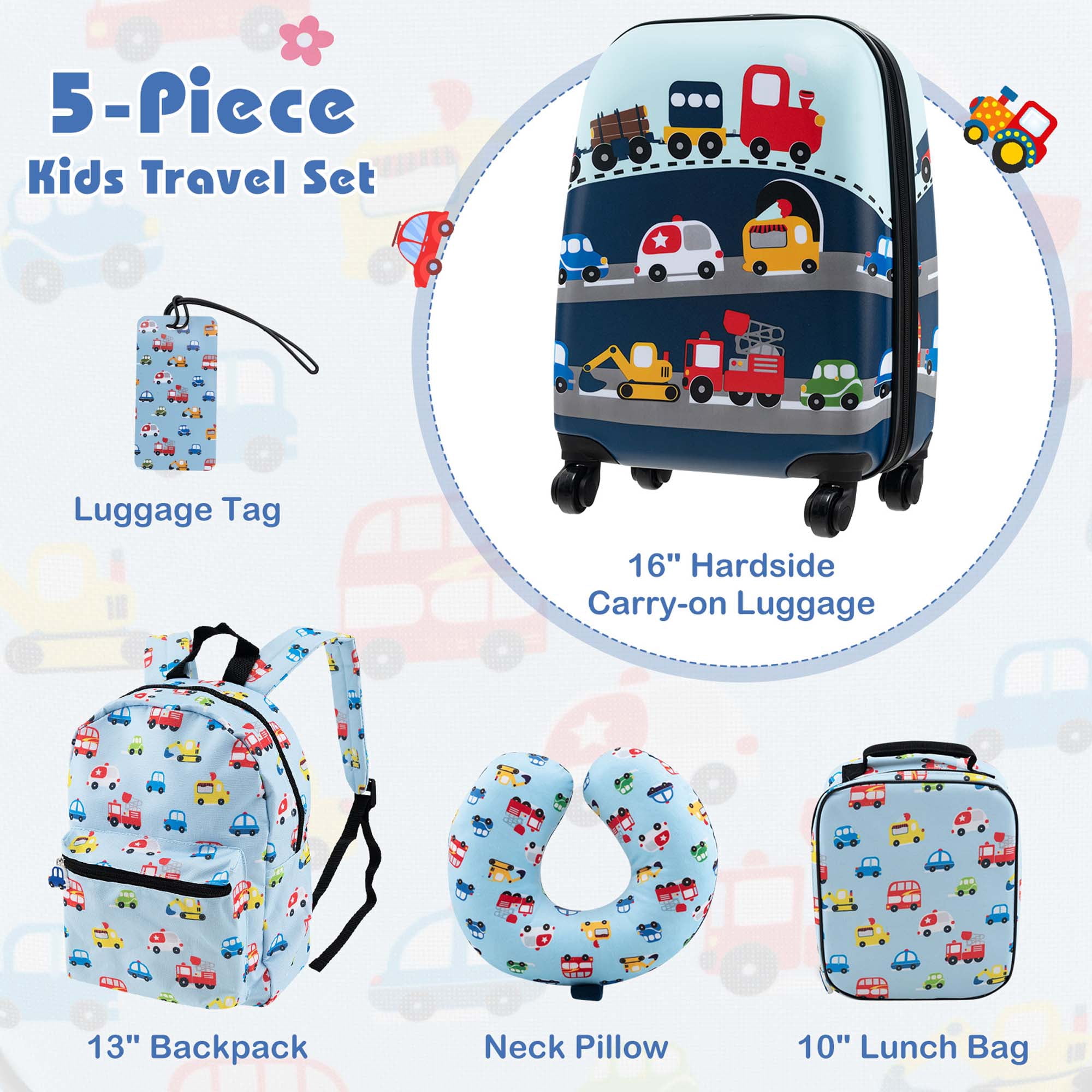 Costway 5 PCS Kids Luggage Set with Backpack Neck Pillow Luggage Tag Lunch Bag Wheels Blue