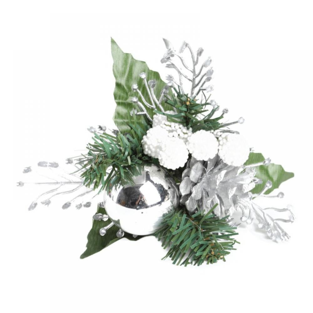 White, 10 10Pcs Artificial Christmas Floral Picks Snowy White Berry Stems Flocked Pine Branches Holly Berries Spray with Pinecones for Flower Arrangement Xmas Tree Wreath Winter Holiday Season Décor