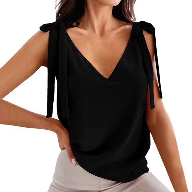 Playeras,Blusas y Tops,Ropa para Mujer Tank Top Vestido 2023 correa de hombro correa de camiseta sin mangas mujer verano Vintage cuello en V Top (Black, M)
