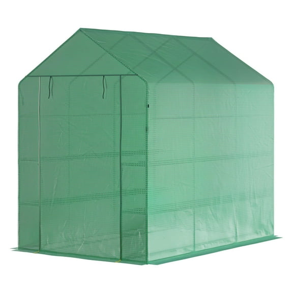 Walk-In Greenhouse 7x5x6 ft - Portable Plant Grow House with Shelves - Green PE Cover Steel Frame - Vegetable Herb Flower Garden Hothouse