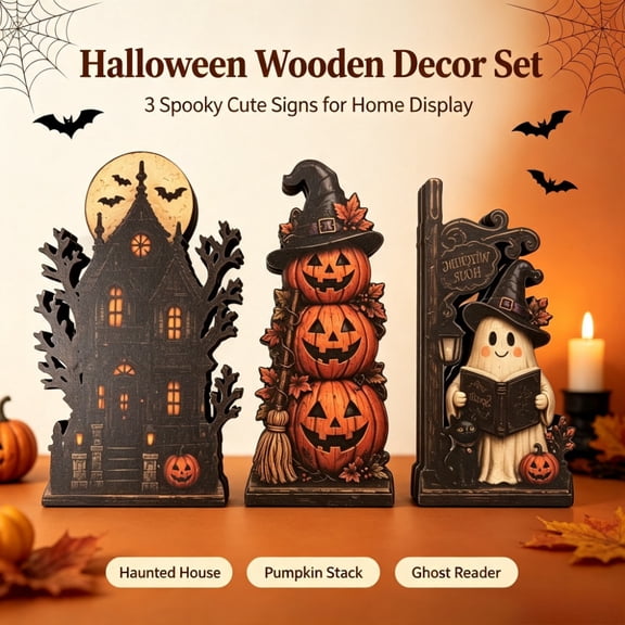 Halloween Wooden Tabletop Decor, Haunted House, Stacked Pumpkins & Ghost Reading Signs for Tiered Tray Shelf Mantel Kitchen Decorations Ghost and Pumpkin