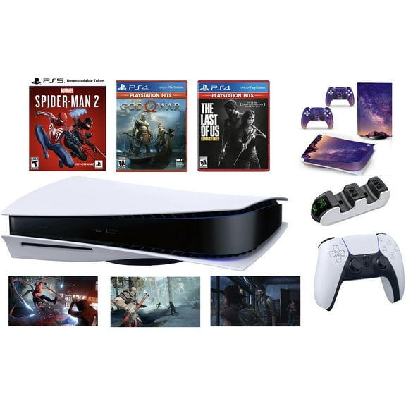 2023 PlayStation PS 5 Gaming Holiday Bundle:PS5_Disc Console with Marvel’s Spider-Man 2, God of War & The Last of Us Remastered  Wireless Controller  Fast Charging Dock   Full Body Skin