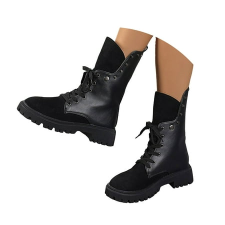 

Mepaouo Lace up Combat Boots Winter Knitted Riding Mid Calf Boots Military Riding Booties