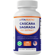 Vitamatic Cascara Sagrada 25:1 Extract, 5000 mg Equivalent Strength Per Serving, Made with Senna & Psyllium Husk - 180 Veg Capsules - Concentrated 25X Potency - All Natural - Non-GMO