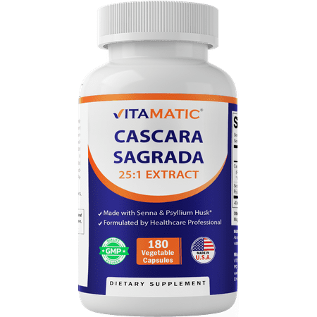 Vitamatic Cascara Sagrada 25:1 Extract, 5000 mg Equivalent Strength Per Serving, Made with Senna & Psyllium Husk - 180 Veg Capsules - Concentrated 25X Potency - All Natural - Non-GMO