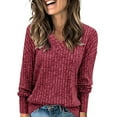 thumbnail image 3 of Women V Neck Long Sleeve Shirts Casual Fall Tops Light-Weight Tunic Sweaters Fashion Tops 2025 Wine Red S, 3 of 5