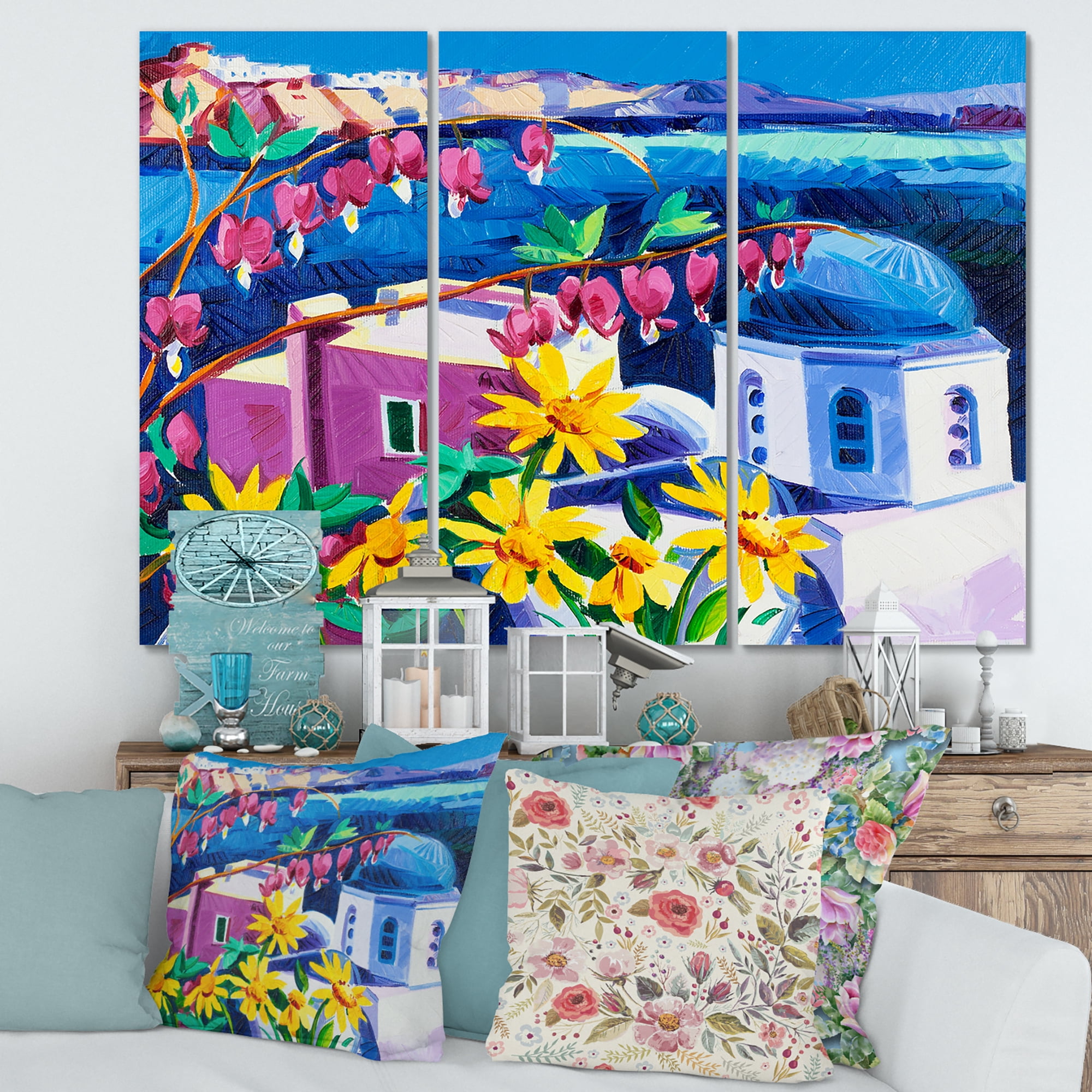Designart ' Colorful Traditional Santorini Churches Among Flowers ' Nautical & Coastal Canvas Wall Art Print
