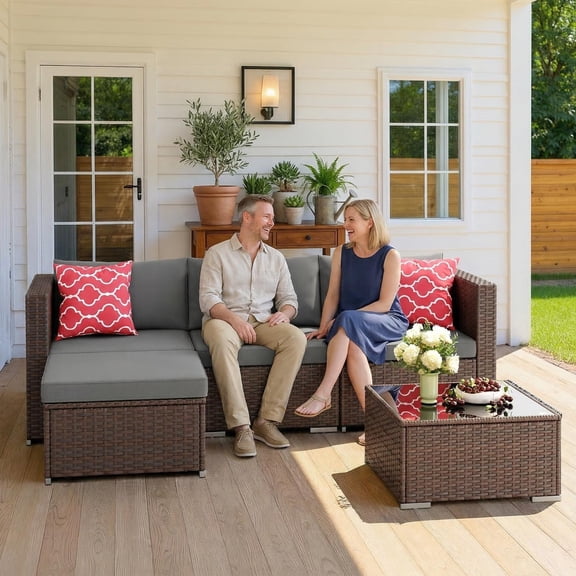 Jolifa 5 Piece Outdoor Patio Furniture Set, Wicker Sectional Sofa with Glass Table & Cushions, All-Weather Conversation Set for Patio, Backyard, Balcony, Gray