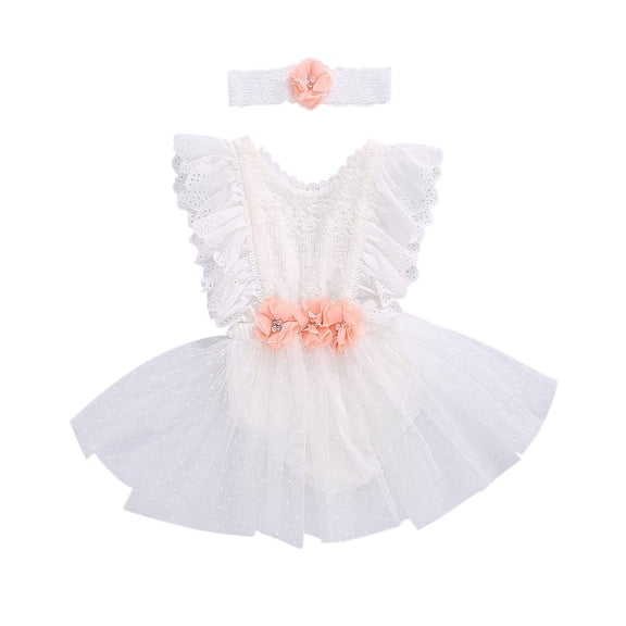 StylesILove Baby Girls Elegant White Lace Eyelet Romper with Peach Flower & Matching Headband 2pcs Flower Girl Tutu Dress Outfit (24 Months)