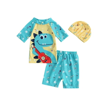 

Toddler Baby Boys 3 Pieces Swimsuit Set Animal Print Bathing Suit Rash Guard Set with Swim Cap