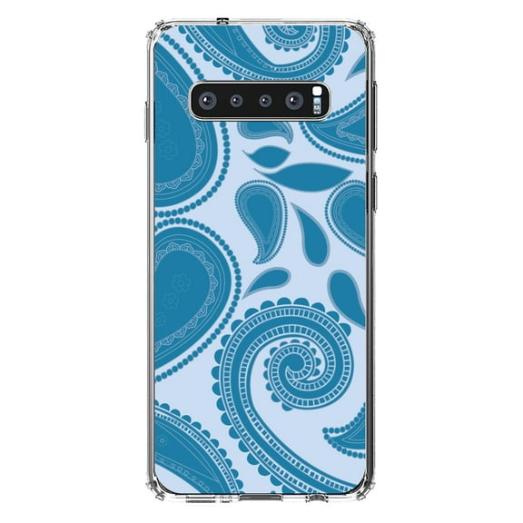 DistinctInk Clear Shockproof Hybrid Case for Samsung Galaxy S10  PLUS(6.4" Screen) - TPU Bumper, Acrylic Back, Tempered Glass Screen Protector - Big Blue Paisley