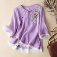 thumbnail image 2 of OSOLU Solid Color Women Placket Short Sleeve Flax Buckle Design Embroidered 3/4 Sleeve Ethnic Style Tops T-Shirt Tee Classic Dailywear, 2 of 3