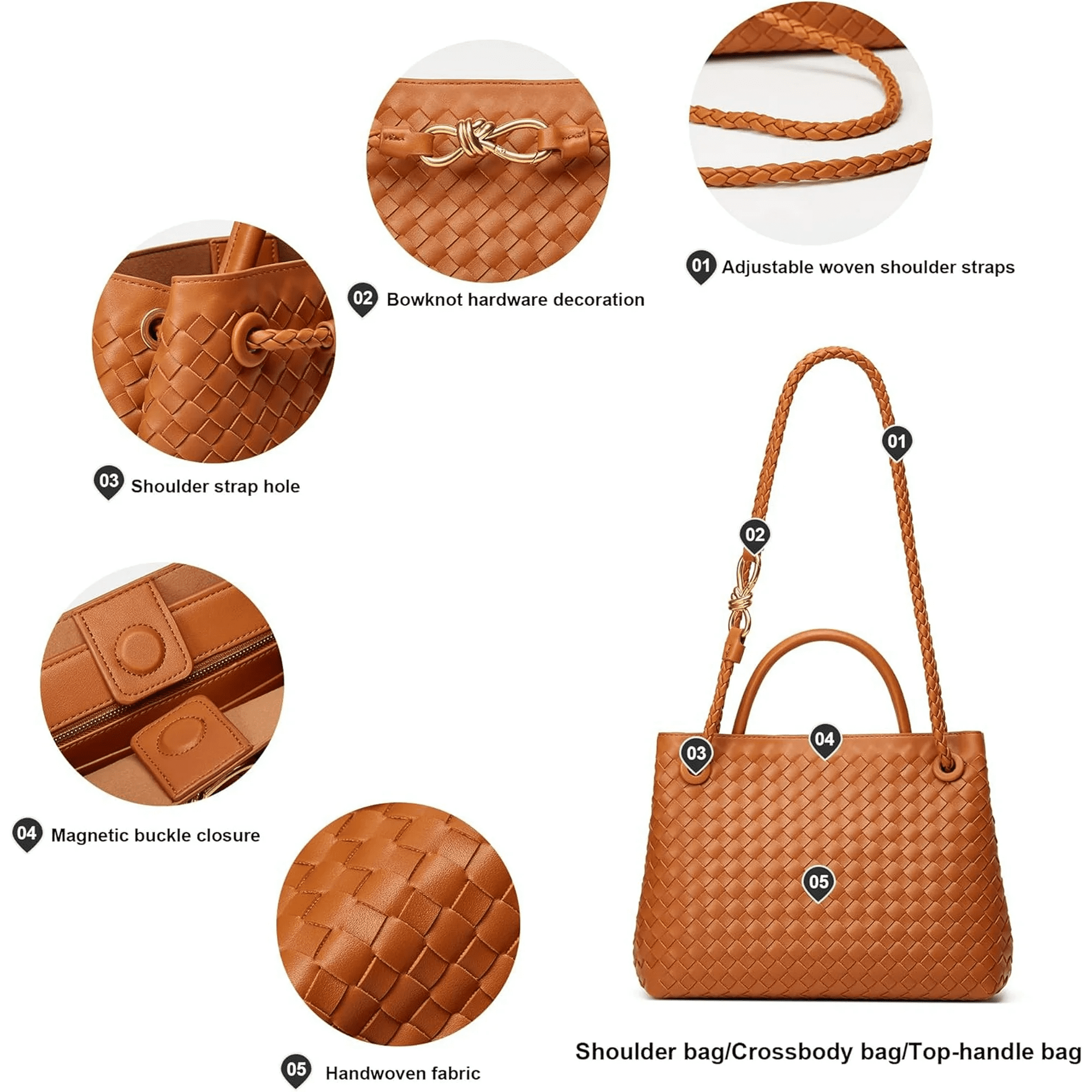 Large Tote Purse Woven Bag for Women Crossbody Handbag: Vegan Leather Small Tote Purse - Bowknot Satchel Brown