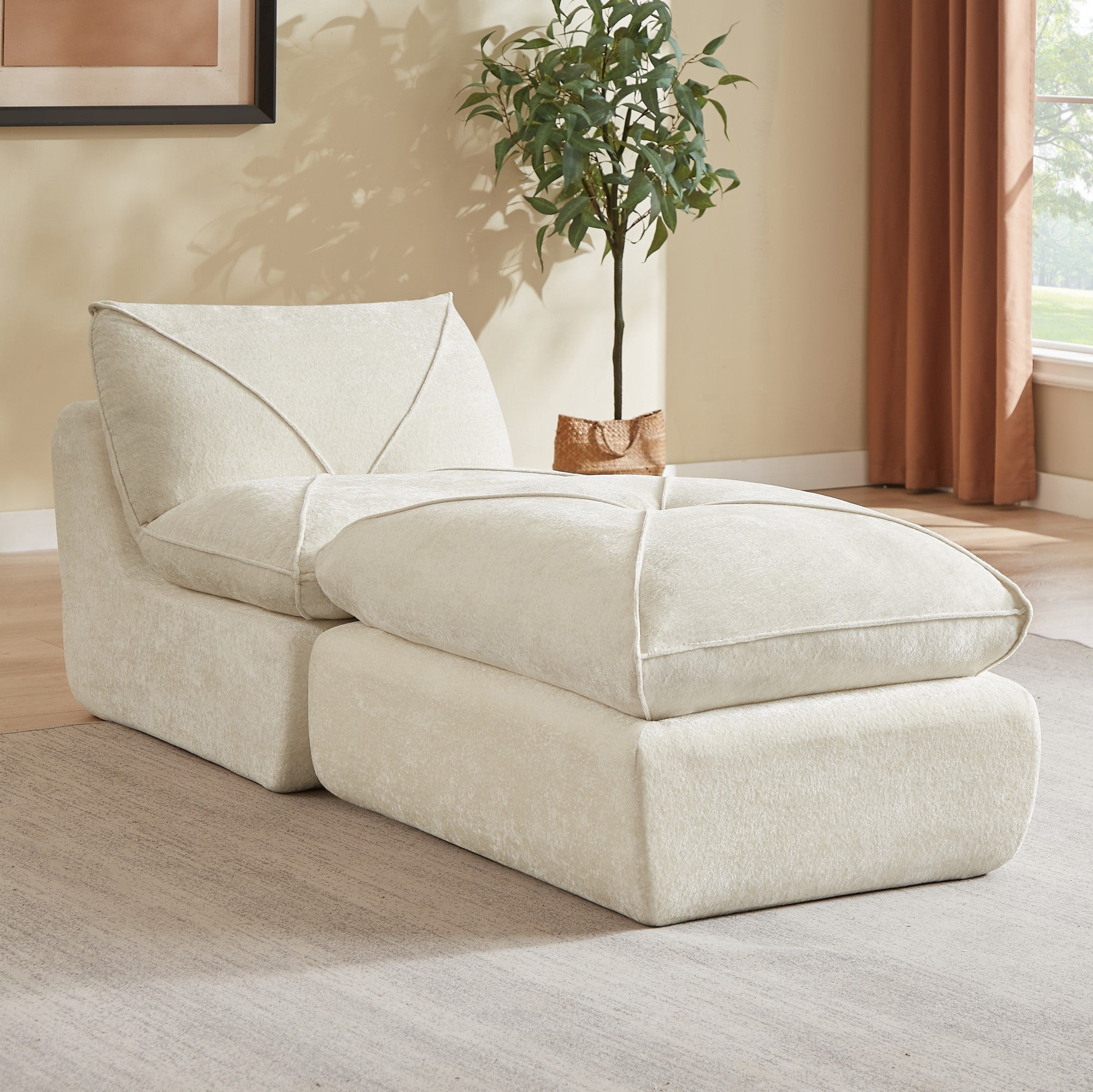 Sailvan Modern Chenille Sectional Sofa with Ottoman,Modular Living Room Couch for Apartments and Families,Comfortable Minimalist Seating Beige