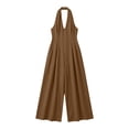 thumbnail image 6 of Womens Halter Sleeveless V Neck Zipper Jumpsuit Cotton Blend High Waist Wide Leg Solid Romper with Pockets for Vacation Daily Wear Brown XL(XL), 6 of 6
