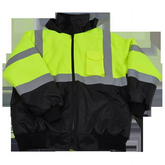 Lime & Black Waterproof Bomber Jacket Ansi Class 3 Quilted Liner Rollaway Hood 2 Slash Pocket 1 Cell Pocket, Medium