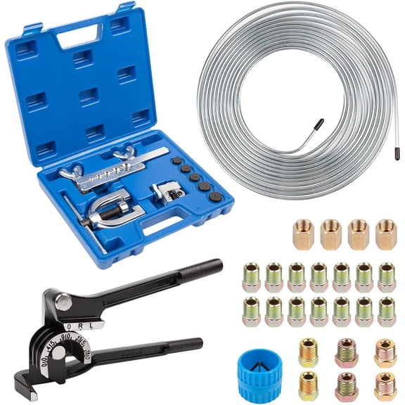 25 ft 3/16" Zinc Coated Brake Line Flaring Tool Kit with 20 Fittings and 4 Unions Brake Line Fittings, Brake Line Kit with Tube Bender and Reamer
