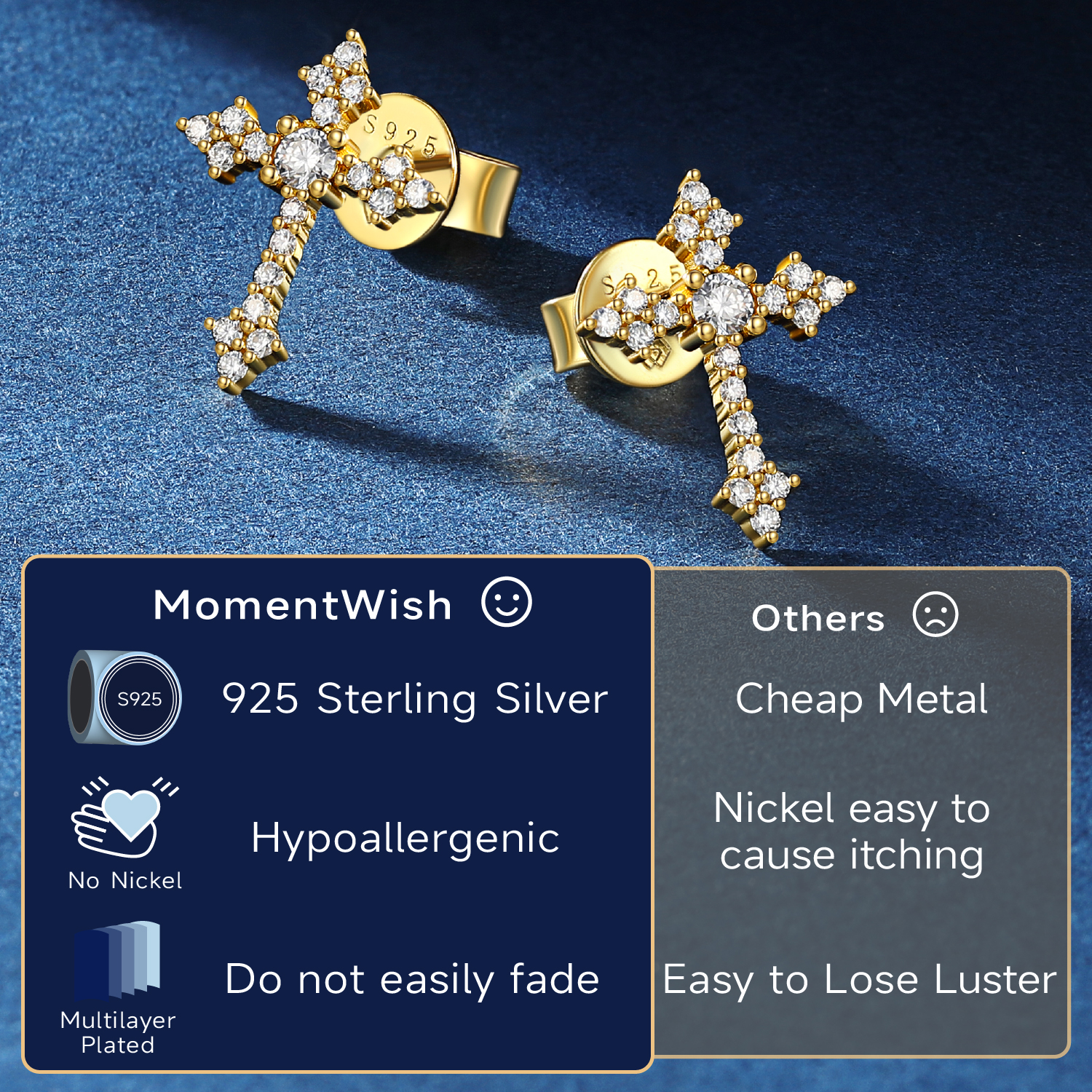 MomentWish Cross Earrings for Men Women 14K Gold Plated Moissanite Stud Earrings Easter Father's Day Jewelry Gift