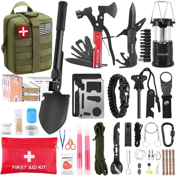 Kit de supervivencia, 160 piezas de suministros de emergencia, accesorios para acampar con bolsa Molle mejorada, regalos para hombres, aventuras al aire libre, camping, senderismo, caza (verde)