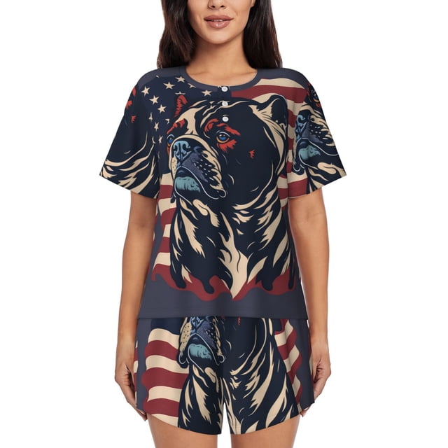 Balery Patriotic Bulldog Art Conjunto de Pijama para Mujer con Estampado, Dos Piezas de Manga Corta y Shorts, Ropa de Dormir Suave con Cuello Redondo y Bolsillos-4X-Large