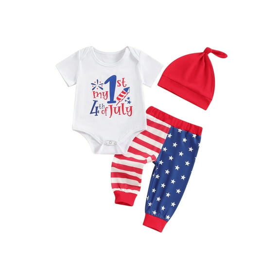 Jxzom 4th of July Baby Boy Outfits 0 3 6 12 Months Letter Star Print Short Sleeve Romper Striped Pants Hat Independence Day Set