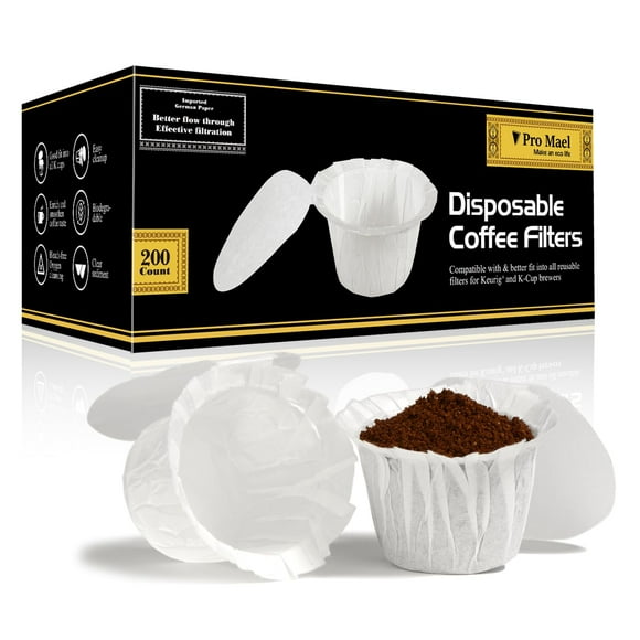Pro Mael 200 Count Disposable K Cup Coffee Filters with Lid Coffee Filter Paper for Keurig Brewers Single Serve 1.0 and 2.0 Use with Resusable K Cup Pods White