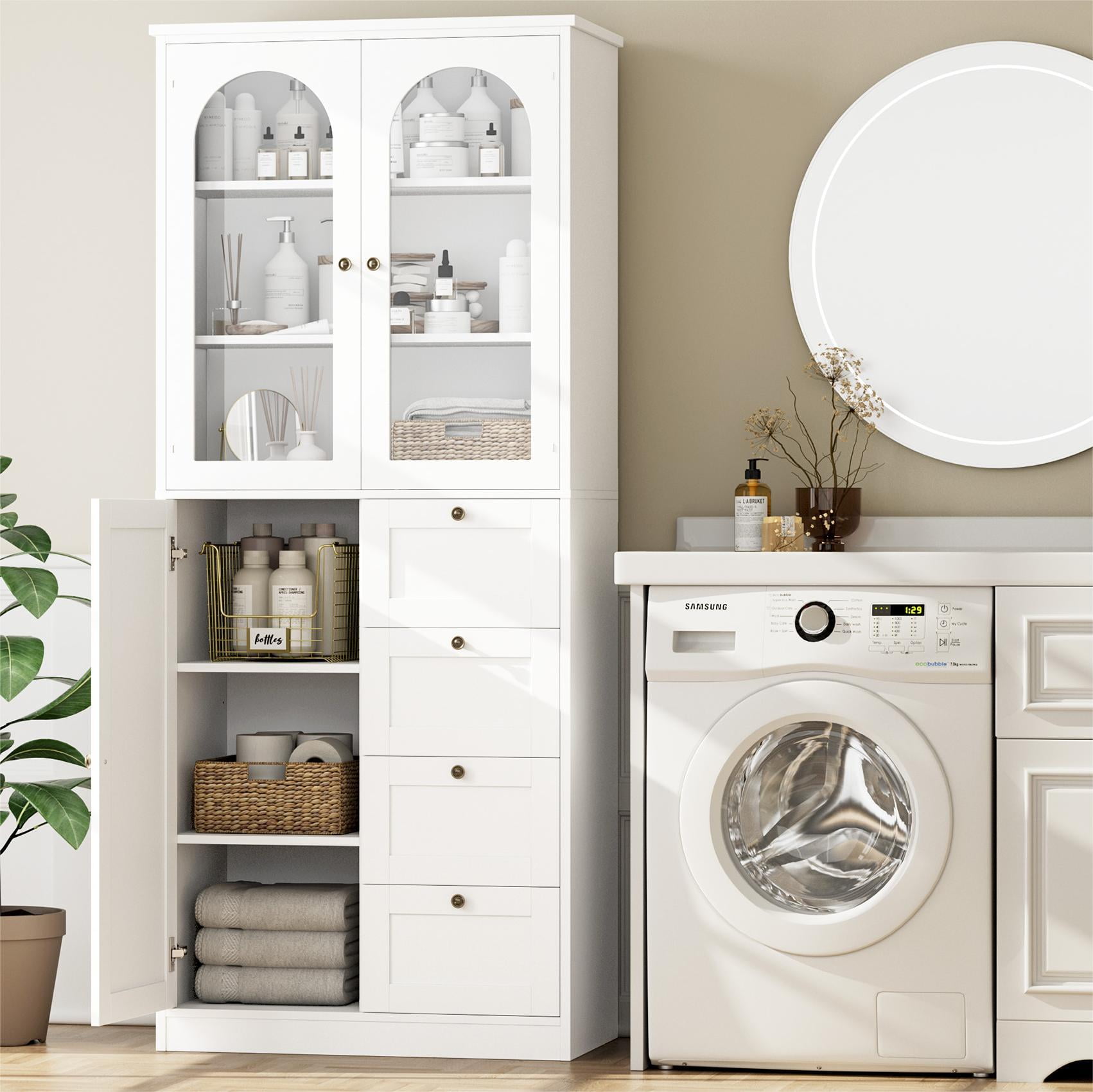 Homfa 4 Drawers Bathroom Storage Cabinet with Glass Doors, 70.9'' Bathroom Linen Cabinet with Adjustable Shelves, White