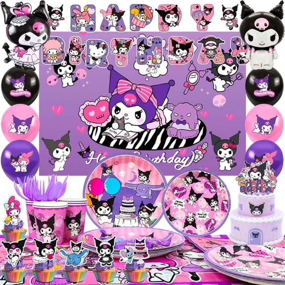 Kawaii Birthday Decorations Supplies,113 Pcs Kawaii Birthday Party Supplies Kit - Kawaii Birthday Plates Cups Napkins Tablecloth & Kawaii Balloons Banner etc Kawaii Party Decorations