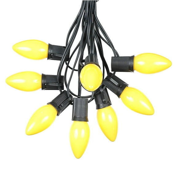 Novelty Lights 100 Feet C9 Yellow Christmas String Light Set, Ceramic Vintage Holiday Hanging Light Set, Black Wire